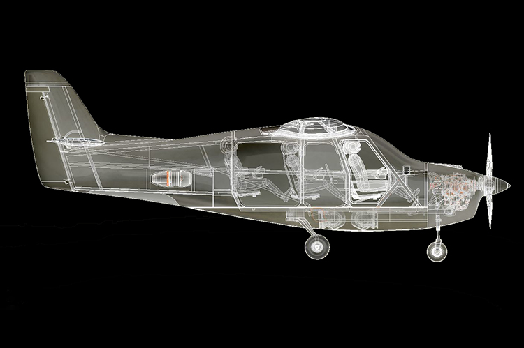 Wireframe rendering of the NightHawk QS3, side profile showing the tandem cabin and landing gear