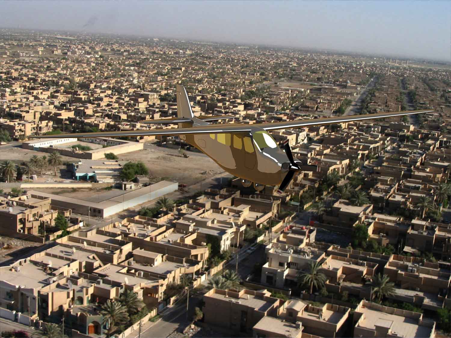 Illustration of the NightHawk QS3 flying over a desert city
