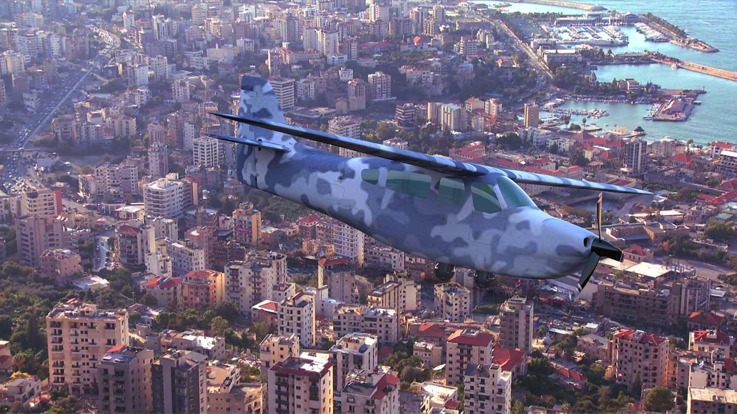 Illustration of the NightHawk QS3 in camouflage flying low over a coastal city
