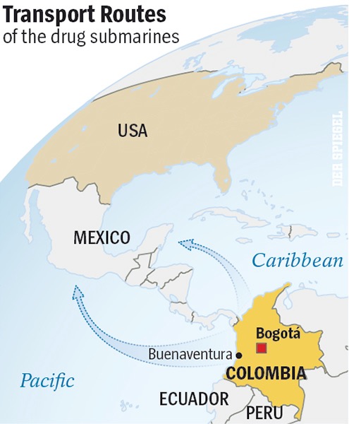 Reference map showing drug-submarine transport routes from Colombia toward Central America and Mexico